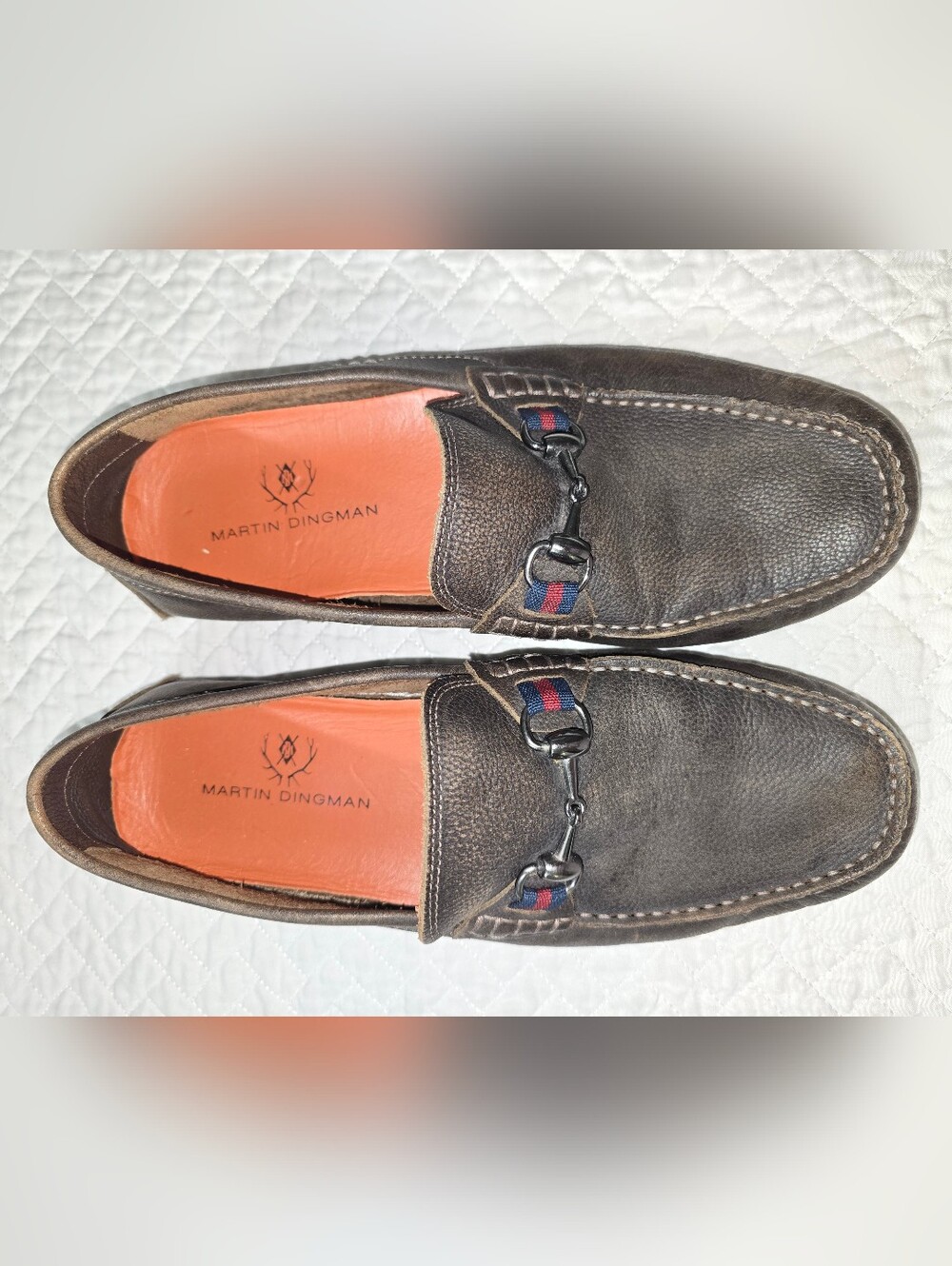 Martin Dingman Dark Brown Leather Bit Loafers with Red-Blue Accent